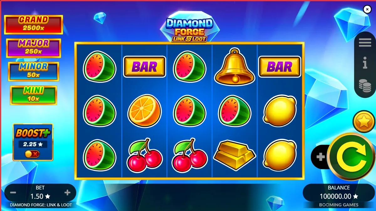 Diamond Forge Link & Loot স্লট গেমের একটি দৃশ্য যেখানে হীরা এবং ফলের প্রতীকগুলো জ্বলজ্বল করছে।