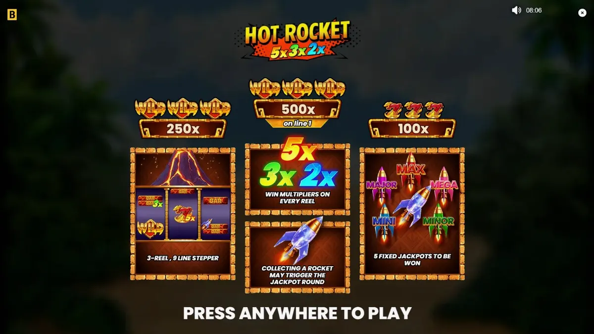 Hot Rocket 5x 3x 2x স্লট গেমের ইন্টারফেস এবং আগ্নেয়গিরির থিম